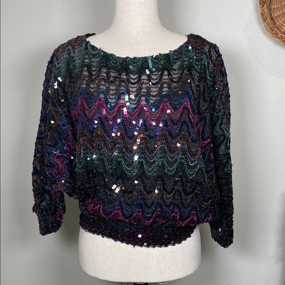 Vtg Sequin Top Black Pink Blue Pullover Evening Party 3/4 Sleeve Sheer Blouse XS